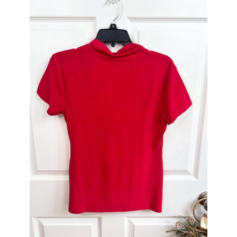 T TAHARI Blouse Size M Red Draped V Neck Short Sleeve Jersey Knit Faux Wrap Top - Picture 2 of 10